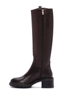 Women's Brown Thick Heeled Zippered Leather Boots | Derimod Women's Brown Thick Heeled Zippered Leather Boots | Derimod