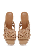 Women's Beige Knitted Short Thick Heeled Slippers | Derimod Women's Beige Knitted Short Thick Heeled Slippers | Derimod