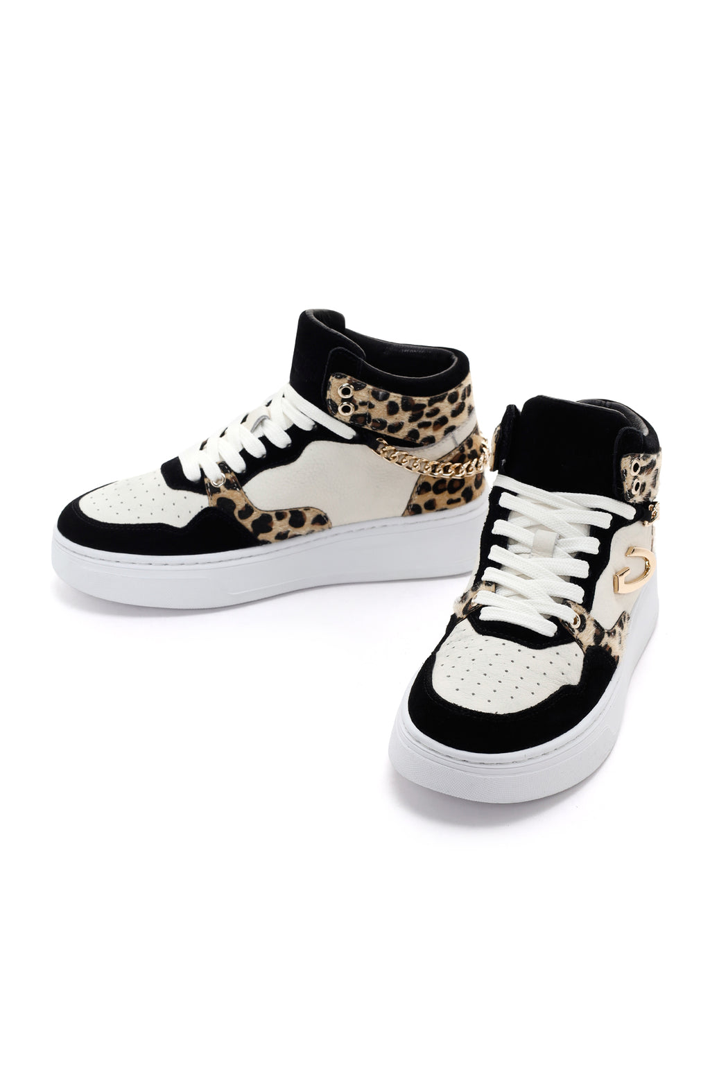 Alberto Guardiani Kadın Siyah Beyaz Leopar Deri Kalın Tabanlı Bilekli Sneaker