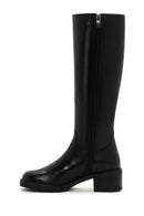 Women's Black Zippered Short Thick Heeled Leather Boots | Derimod Women's Black Zippered Short Thick Heeled Leather Boots | Derimod