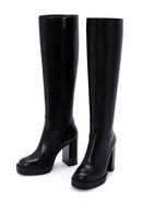 Women's Black Thick Heeled Zippered Leather Boots | Derimod Women's Black Thick Heeled Zippered Leather Boots | Derimod