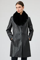 Christina Women's Black Fur Long Leather Coat | Derimod Christina Women's Black Fur Long Leather Coat | Derimod