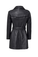 Matilda Women's Black Double Breasted Leather Coat | Derimod Matilda Women's Black Double Breasted Leather Coat | Derimod