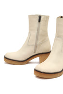 Woman Cream Zippered Low Heel Leather Boat | Derimod Woman Cream Zippered Low Heel Leather Boat | Derimod
