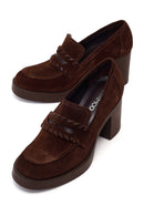 Woman Brown Chunky Heeled Suede Loafer | Derimod Woman Brown Chunky Heeled Suede Loafer | Derimod