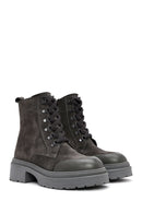 Women's Grey Zippered Suede Leather Combat Boots | Derimod Women's Grey Zippered Suede Leather Combat Boots | Derimod