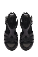 Women's Black Ankle Strap Wedge Heeled Leather Comfort Sandals | Derimod Women's Black Ankle Strap Wedge Heeled Leather Comfort Sandals | Derimod