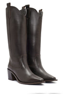 Women's Brown Chunky Heel Leather Cowboy Boots | Derimod Women's Brown Chunky Heel Leather Cowboy Boots | Derimod