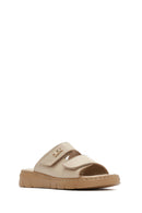 Women's Beige Double-Strap Leather Comfort Slippers | Derimod Women's Beige Double-Strap Leather Comfort Slippers | Derimod