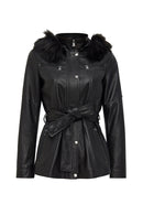 Rebecca Women's Black Fur Collar Leather Coat | Derimod Rebecca Women's Black Fur Collar Leather Coat | Derimod