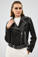 Lady Women's Black Short Leather Jacket | Derimod Lady Women's Black Short Leather Jacket | Derimod