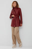 Whitney Women's Burgundy Long Leather Jacket | Derimod Whitney Women's Burgundy Long Leather Jacket | Derimod