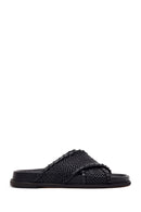 Woman Black Knitted Patterned Leather Slipper | Derimod Woman Black Knitted Patterned Leather Slipper | Derimod