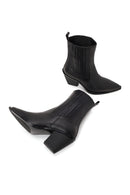Woman Black Chunky-Heel Leather Cowboy Boots | Derimod Woman Black Chunky-Heel Leather Cowboy Boots | Derimod