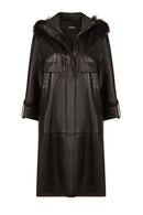 Adele Woman Black A-Line Hooded Fur Collar Leather Overcoat | Derimod Adele Woman Black A-Line Hooded Fur Collar Leather Overcoat | Derimod