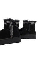 Women's Black Thick-Soled Patterned Suede Leather Teddy Boot | Derimod Women's Black Thick-Soled Patterned Suede Leather Teddy Boot | Derimod