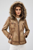 Meggy Women's Beige Hooded Furry Leather Jacket | Derimod Meggy Women's Beige Hooded Furry Leather Jacket | Derimod