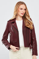 London Women's Burgundy Biker Leather Jacket | Derimod London Women's Burgundy Biker Leather Jacket | Derimod