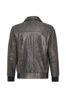 Hurricane Men's Grey Fur Collar Pilot Leather Jacket with Emblem | Derimod Hurricane Men's Grey Fur Collar Pilot Leather Jacket with Emblem | Derimod