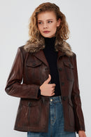 Anais Women's Brown Fur Collar Blazer Leather Jacket | Derimod Anais Women's Brown Fur Collar Blazer Leather Jacket | Derimod