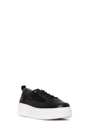 Woman Black Lace-Up Thick-Soled Leather Sneaker | Derimod Woman Black Lace-Up Thick-Soled Leather Sneaker | Derimod