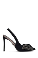 Women's Black Back Open Jeweled Thin High Heel Suede Leather Shoe | Derimod Women's Black Back Open Jeweled Thin High Heel Suede Leather Shoe | Derimod