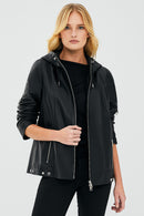 Judith Women's Black Hooded Leather Coat | Derimod Judith Women's Black Hooded Leather Coat | Derimod