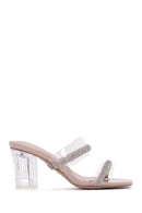 Women's Beige Stone Transparent Thick Heeled Slippers | Derimod Women's Beige Stone Transparent Thick Heeled Slippers | Derimod