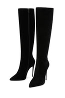 Women's Black High Thin Heeled Suede Leather Classic Boots | Derimod Women's Black High Thin Heeled Suede Leather Classic Boots | Derimod