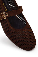 Woman Brown Mesh Suede Leather Ballet Flat | Derimod Woman Brown Mesh Suede Leather Ballet Flat | Derimod