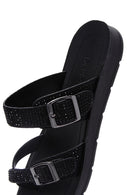Women's Black Double Buckled Stoned Slippers | Derimod Women's Black Double Buckled Stoned Slippers | Derimod