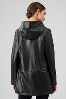 Cindy Women's Black Hooded Leather Coat | Derimod Cindy Women's Black Hooded Leather Coat | Derimod