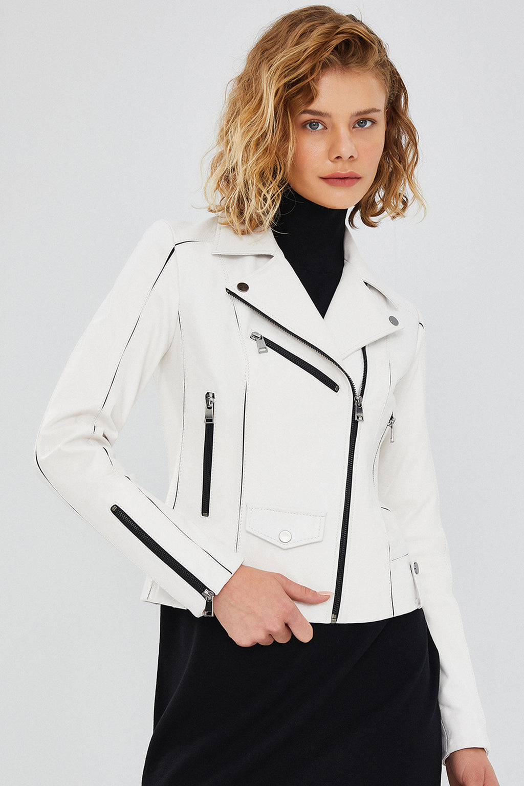 Bella Kadın Beyaz Slim-Fit Biker Deri Ceket