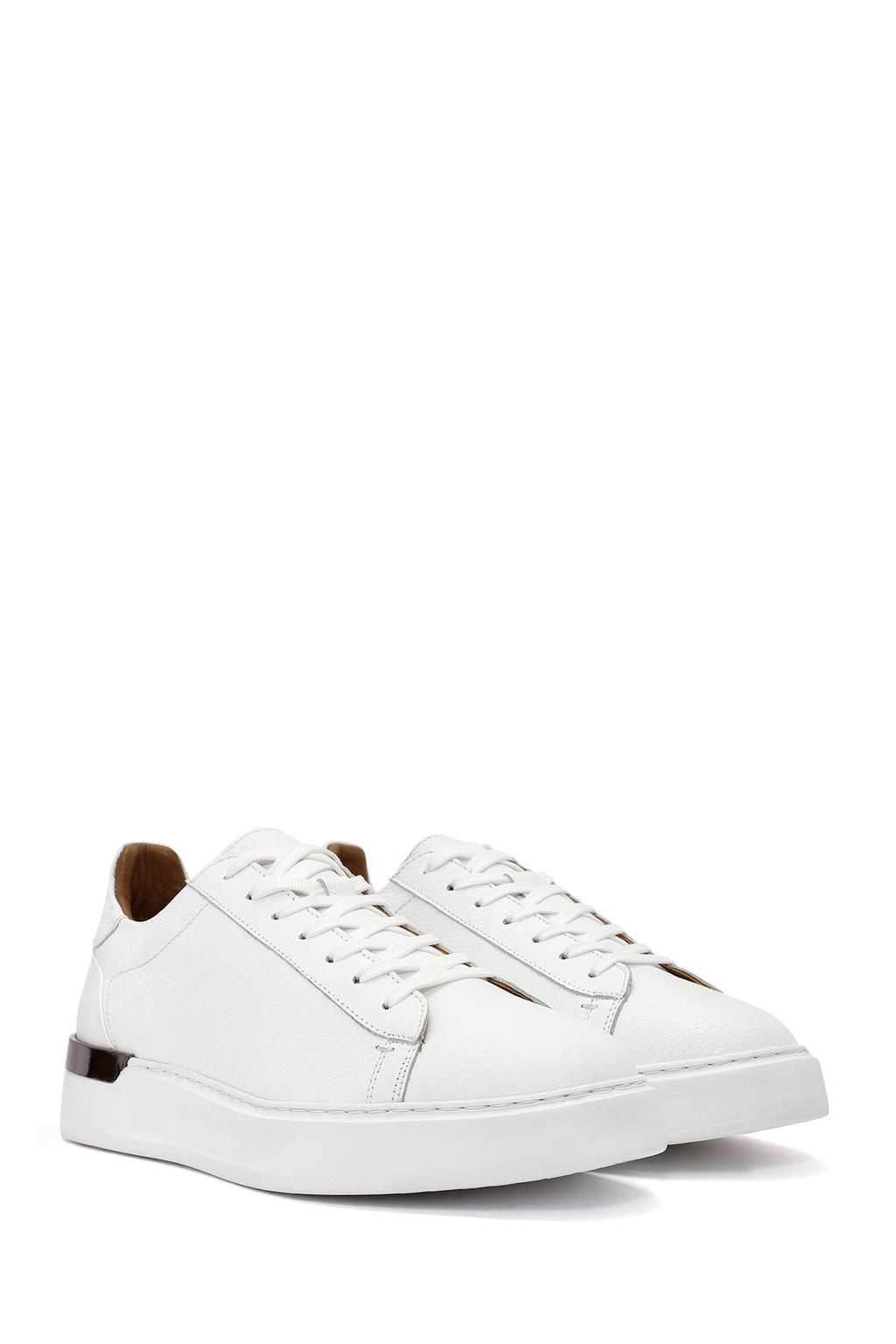 Erkek Beyaz Bağcıklı Kalın Tabanlı Deri Sneaker