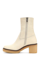 Woman Cream Zippered Low Heel Leather Boat | Derimod Woman Cream Zippered Low Heel Leather Boat | Derimod