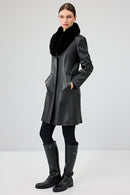 Christina Women's Black Fur Long Leather Coat | Derimod Christina Women's Black Fur Long Leather Coat | Derimod