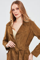 Sardinia Women's Camel Suede Leather Trench Coat | Derimod Sardinia Women's Camel Suede Leather Trench Coat | Derimod