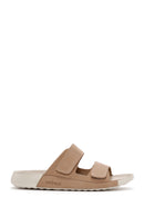 Women's Beige Double-Strap Nubuck Leather Comfort Slippers | Derimod Women's Beige Double-Strap Nubuck Leather Comfort Slippers | Derimod