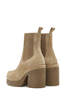 Women's Beige Thick Heeled Suede Leather Chelsea Boots | Derimod Women's Beige Thick Heeled Suede Leather Chelsea Boots | Derimod