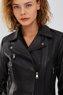 Bella Women's Black Slim-Fit Biker Leather Jacket | Derimod Bella Women's Black Slim-Fit Biker Leather Jacket | Derimod