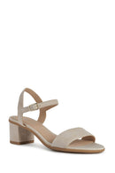 Geox Women Beige Aurely 50 Ankle Buckle Thick Heel Suede Leather Sandals | Derimod Geox Women Beige Aurely 50 Ankle Buckle Thick Heel Suede Leather Sandals | Derimod