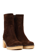 Women's Brown Zippered Thick Heeled Suede Leather Boot | Derimod Women's Brown Zippered Thick Heeled Suede Leather Boot | Derimod
