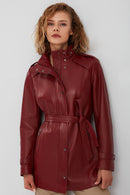 Whitney Women's Burgundy Long Leather Jacket | Derimod Whitney Women's Burgundy Long Leather Jacket | Derimod