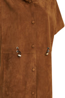 Miranda Women's Brown Hooded Suede Leather Long Vest | Derimod Miranda Women's Brown Hooded Suede Leather Long Vest | Derimod