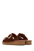 Woman Tan Buckled Suede Leather Comfort Slippers | Derimod Woman Tan Buckled Suede Leather Comfort Slippers | Derimod