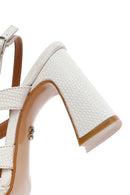 Women's Cream Ankle Buckle Patterned Thick Heel Leather Sandals | Derimod Women's Cream Ankle Buckle Patterned Thick Heel Leather Sandals | Derimod