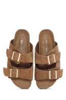 Women's Tan Double Buckle Suede Leather Slippers | Derimod Women's Tan Double Buckle Suede Leather Slippers | Derimod