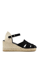 Women's Black Ankle Strap Wedge Heel Suede Leather Espadrille Sandals | Derimod Women's Black Ankle Strap Wedge Heel Suede Leather Espadrille Sandals | Derimod
