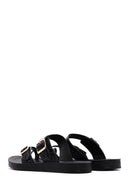 Women's Black Double Buckled Patterned Slippers | Derimod Women's Black Double Buckled Patterned Slippers | Derimod
