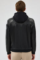 Niko Men's Black Hooded Leather Jacket | Derimod Niko Men's Black Hooded Leather Jacket | Derimod
